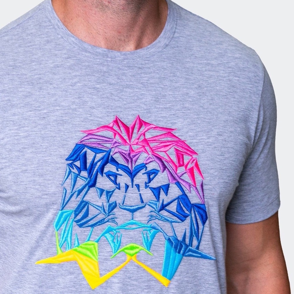 MACEOO T-Shirt Gray Rainbow Geometric Lion Embroidered Graphic Tee Luxury Tee XL